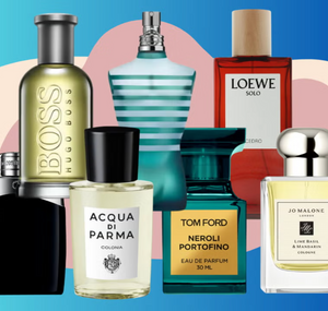 Selection of bestselling men’s fragrances including Hugo Boss, Jean Paul Gaultier, Acqua di Parma, Tom Ford, and Loewe bottles – premium scents available at Welzo
