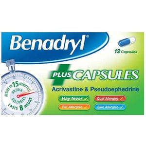 Benadryl Allergy Relief Plus Decongestant Capsules Pack of 12-childrens-hayfever-medicine-&-allergy-relief