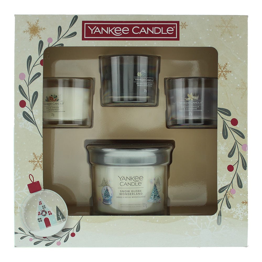 Yankee Candle 4 Piece Gift Set: Snow Globe Wonderland 121g - White Spruce & Grapefruit 37g - Silver Sage & Pine 37g - Smoked Vanilla & Cashmere 37g - Welzo