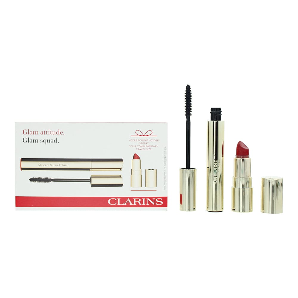 Clarins Glam Attitude 2 Piece Gift Set: Mascara Super Volume 01 Intense Black 8ml - Mini Joli Rouge Velvet 742 Lipstick 1.5g - Welzo