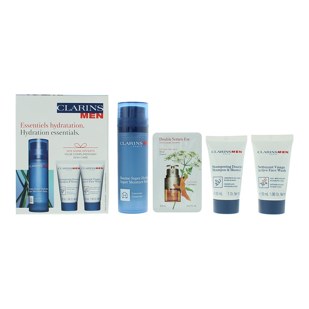 Clarins Hydration Essentials 4 Piece Gift Set: Balm 50ml - Shower Gel & Shampoo 30ml - Face Wash 30ml - Double Eye Serum 0.9ml - Welzo