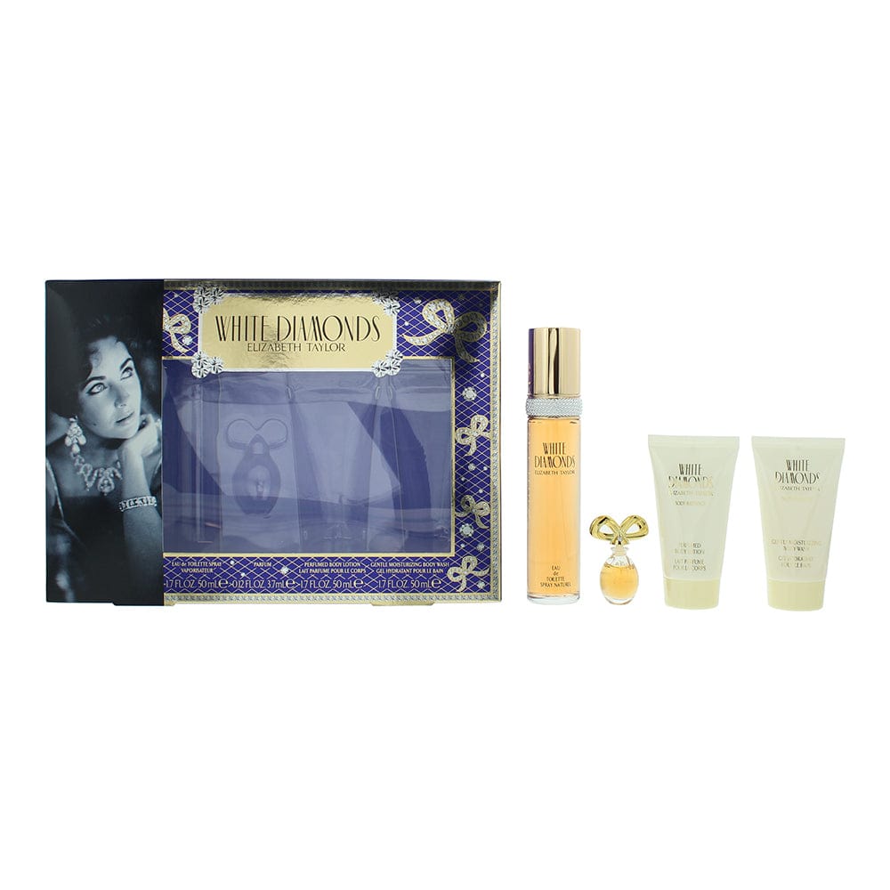 Elizabeth Taylor White Diamonds 4 Piece Gift Set: Eau de Toilette 50ml - Body Lotion 50ml - Body Wash 50ml - Parfum 3.7ml - Welzo