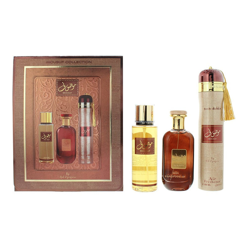 Ard Al Zaafaran Mousuf 3 Piece Gift Set: Eau de Parfum 100ml - Perfume Mist 250ml - Air Freshener 300ml - Welzo