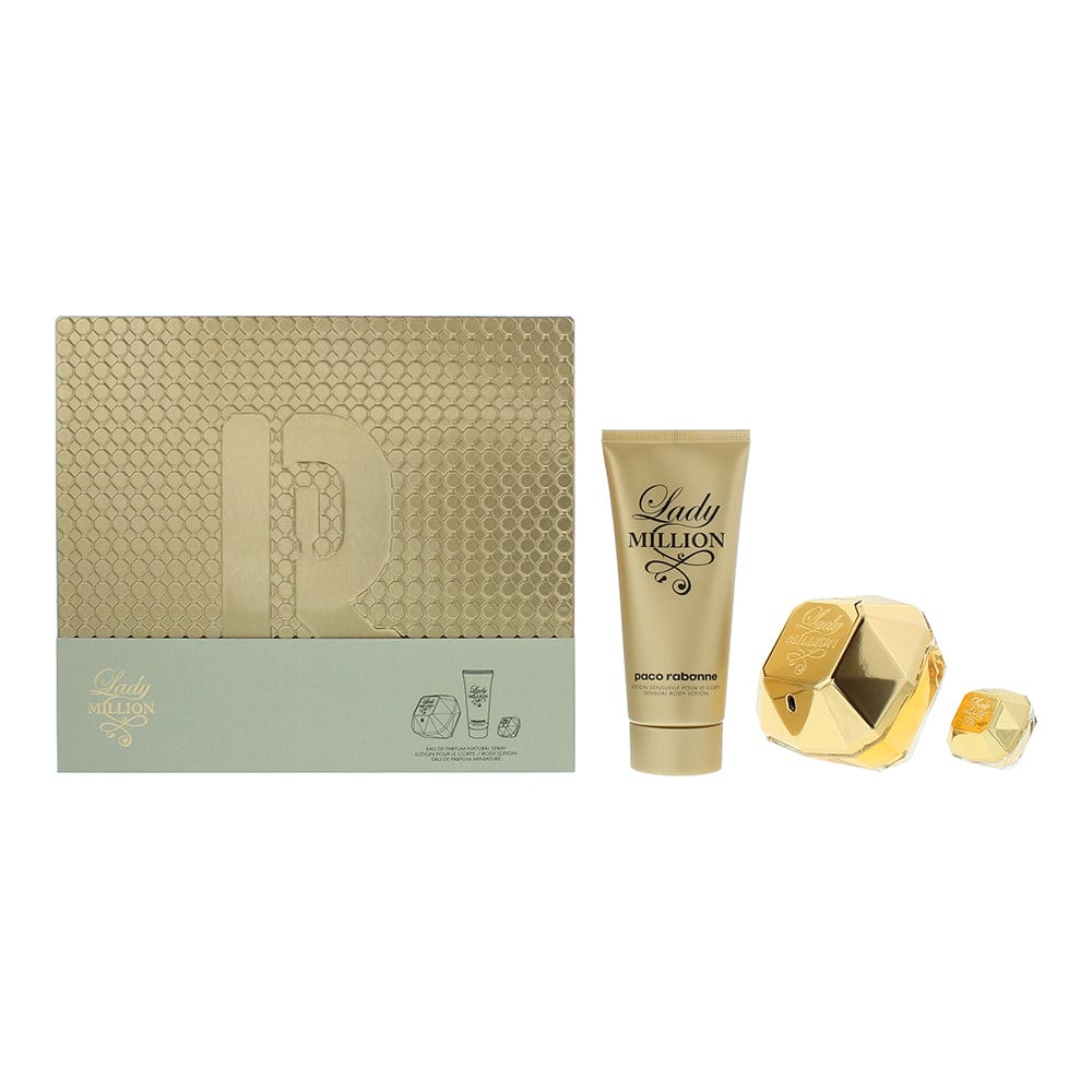 Paco Rabanne Lady Million 3 Piece Gift Set: Eau de Parfum 80ml - Body Lotion 100ml - Eau de Parfum 5ml - Welzo