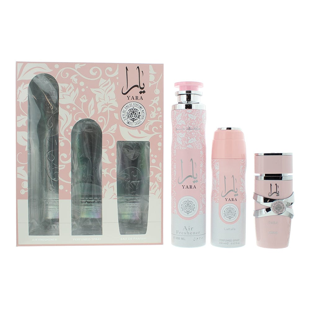 Lattafa Yara 3 Piece Gift Set: Eau de Parfum 100ml - Air Freshner 300 ml- Perfumed Spray 200ml - Welzo