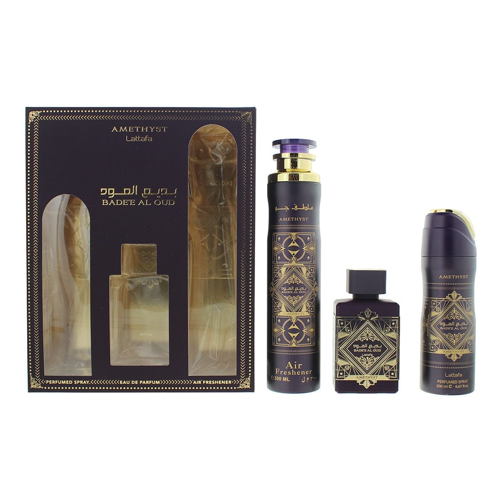 Lattafa Bade'e Al Oud Amethyst 3 Piece Gift Set: Eau de Parfum 100ml - Air Freshener 300ml - Perfumed Spray 200ml - Welzo