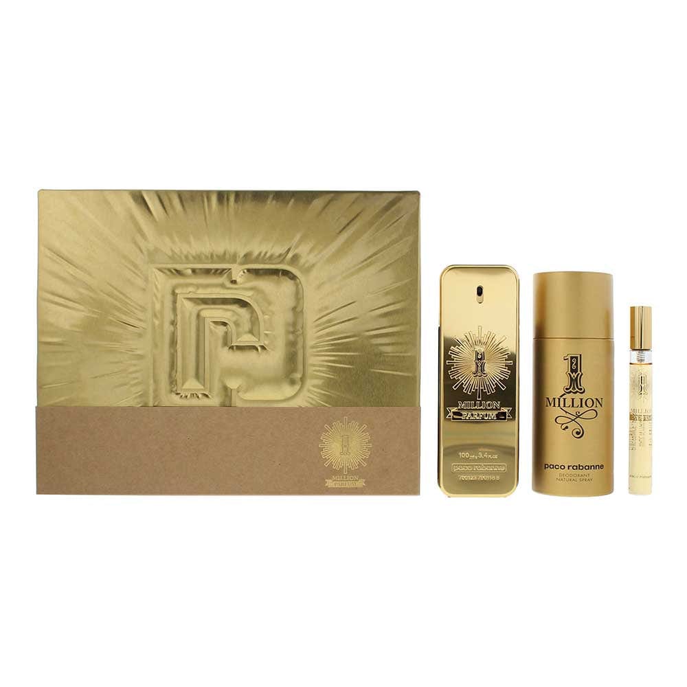 Paco Rabanne 1 Million Parfum 3 Piece Gift Set: Eau de Parfum 100ml - Eau de Parfum 10ml - Deodorant Spray 150ml - Welzo