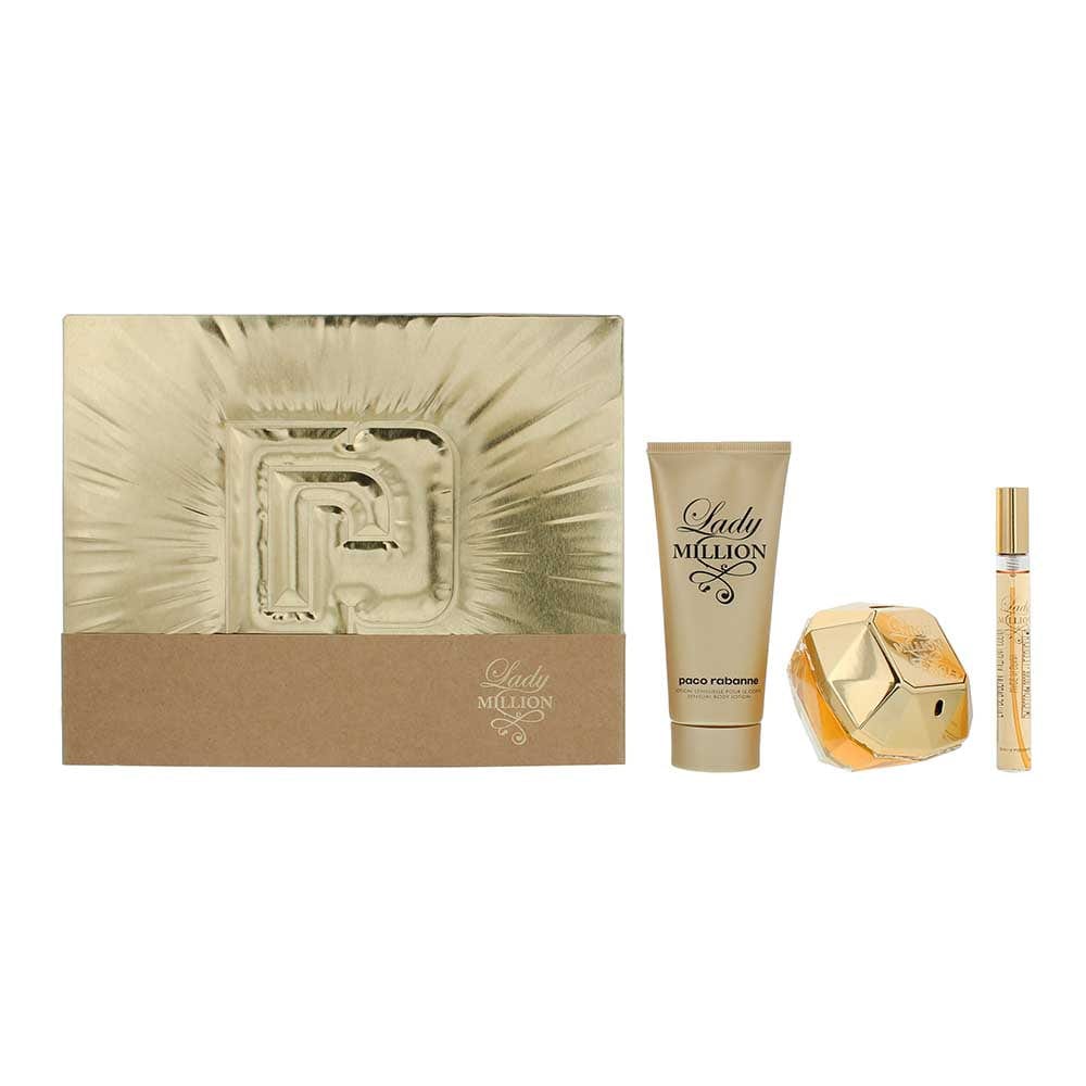 Paco Rabanne Lady Million 3 Piece Gift Set: Eau de Parfum 80ml - Eau de Parfum 10ml - Body Lotion 100ml - Welzo