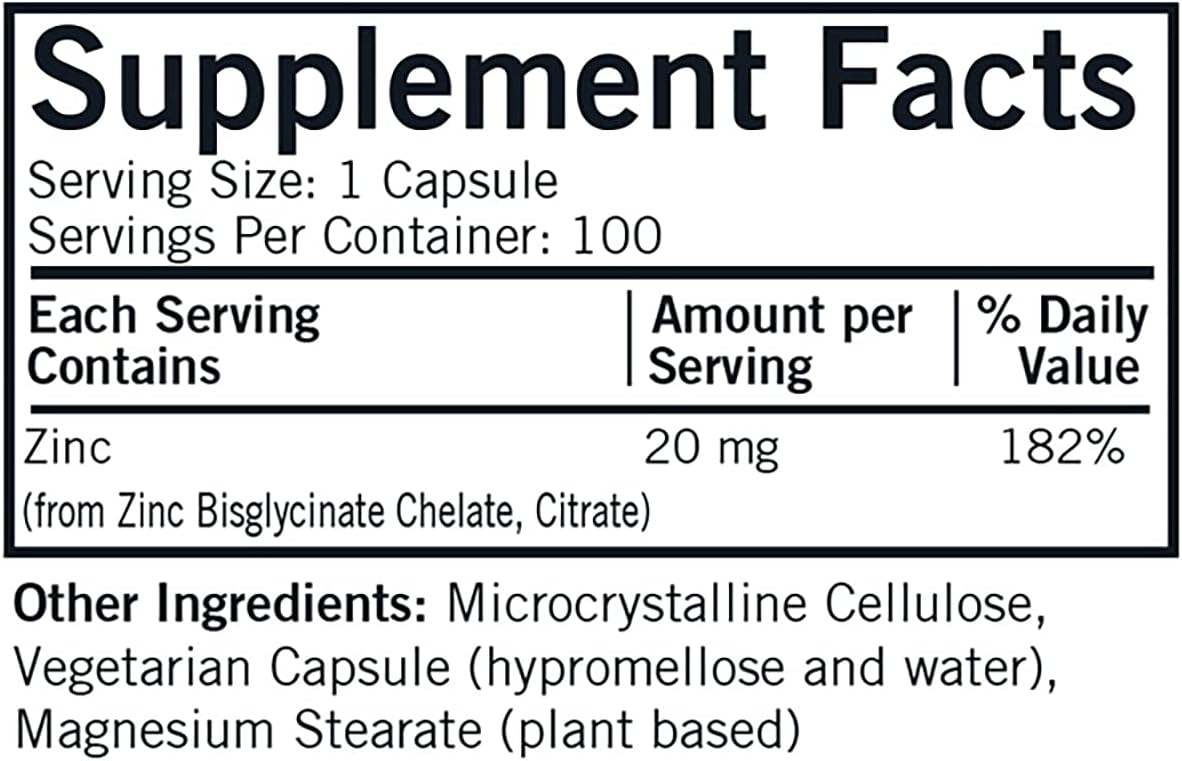 Zinc 20mg, hipoalergénico - 100 cápsulas - Kirkman Laboratories