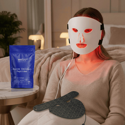 Welzo Dermal Radiance Routine™ Skin LED Máscara facial de terapia de luz roja, polvo de péptidos de colágeno bovino puro - Welzo Ultra, máscara de terapia de luz roja para cuello y pecho