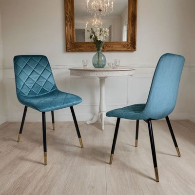 6x Turquoise Velvet Dining Chairs – Plushore with Gold Tipped Black Legs