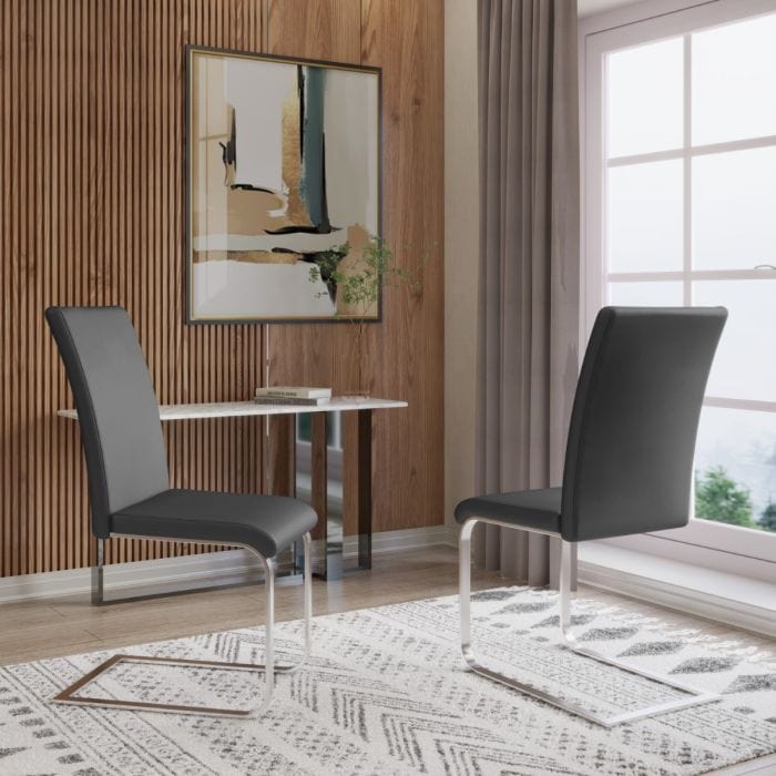 Dark Grey Faux Leather Dining Chairs Set of 4 – Cordoba High Back with Silver Legs