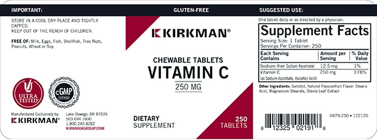 Witamina C 250 mg, 250 tabletek do żucia - Kirkman Laboratories