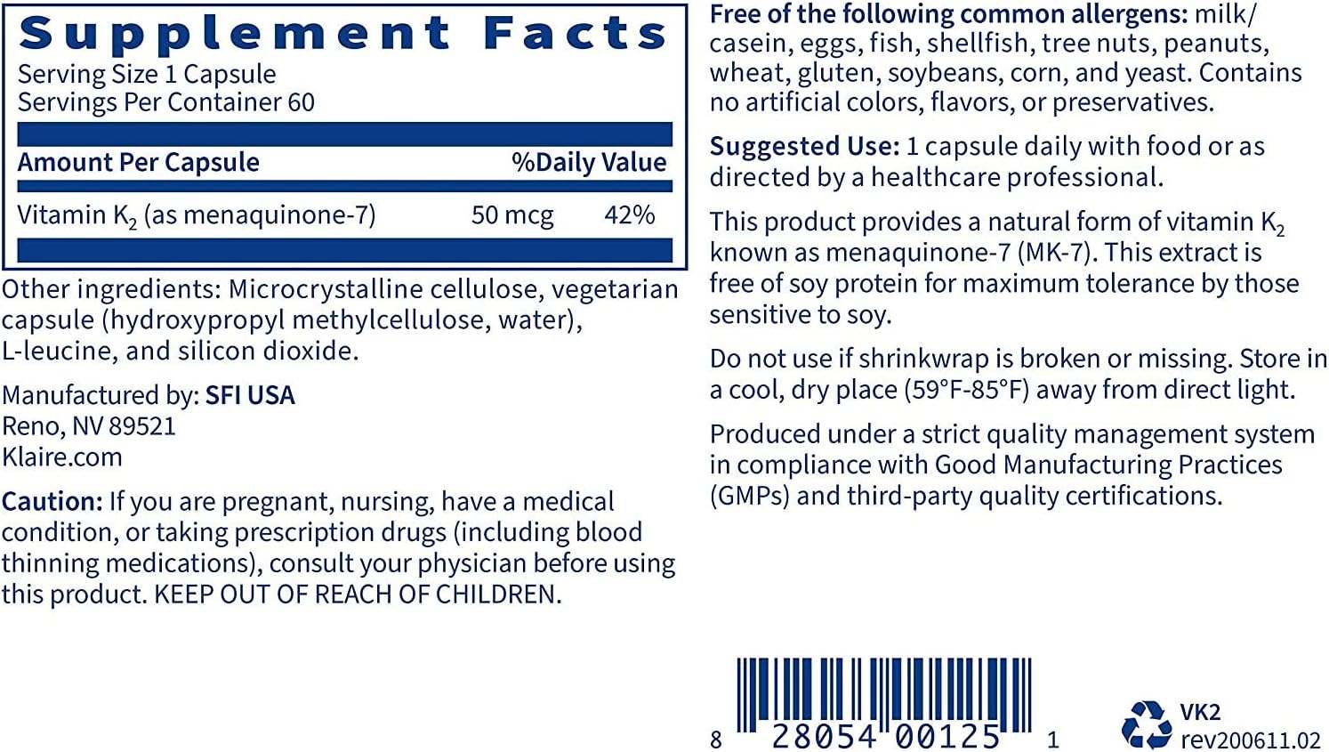 Vitamin K2 50mcg, 60 Capsules - Klaire Labs