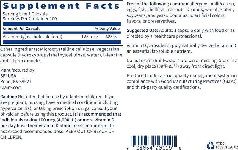 Vitamin D3 (5,000 IU) 100 capsules - Klaire Labs - SOI*