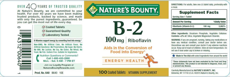 Vitamine B-2, 100 mg, 100 comprimés - Bounty de la nature
