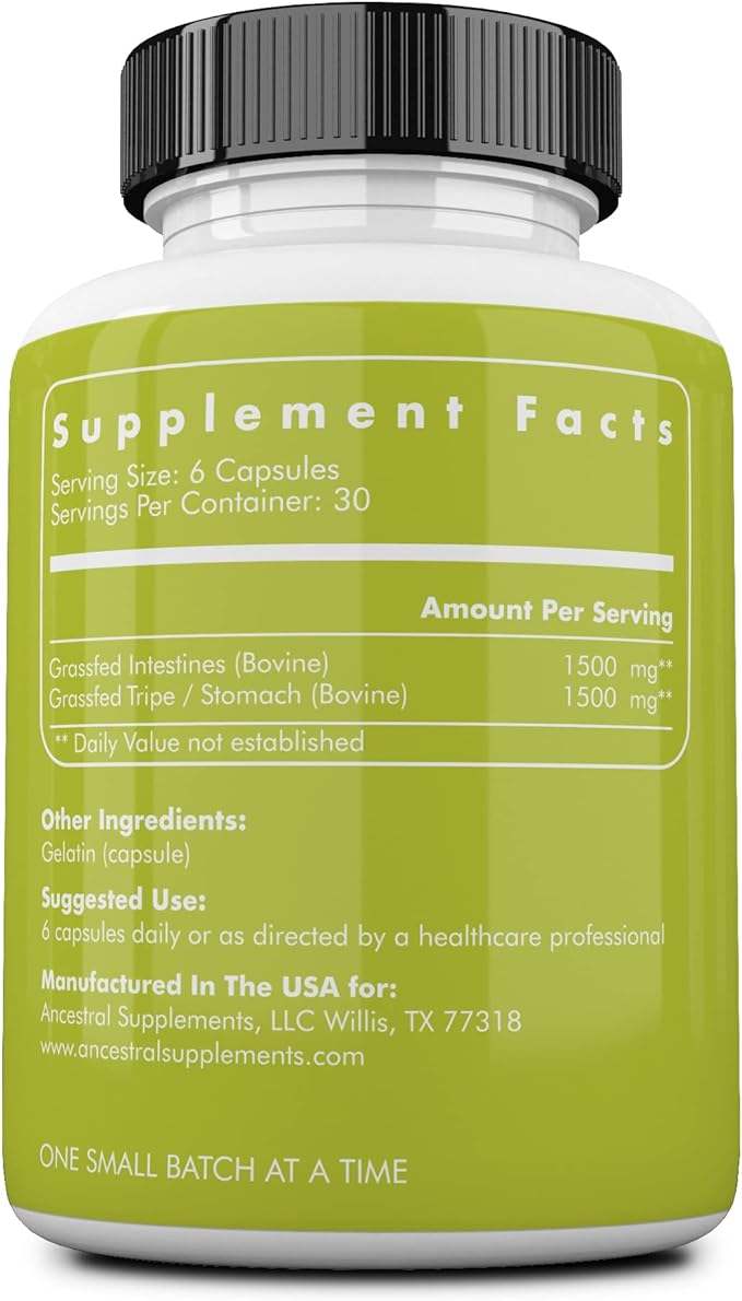 Grass Fed Beef Intestines w/ Tripe (Stomach) - 180 Capsules - Ancestral Supplements