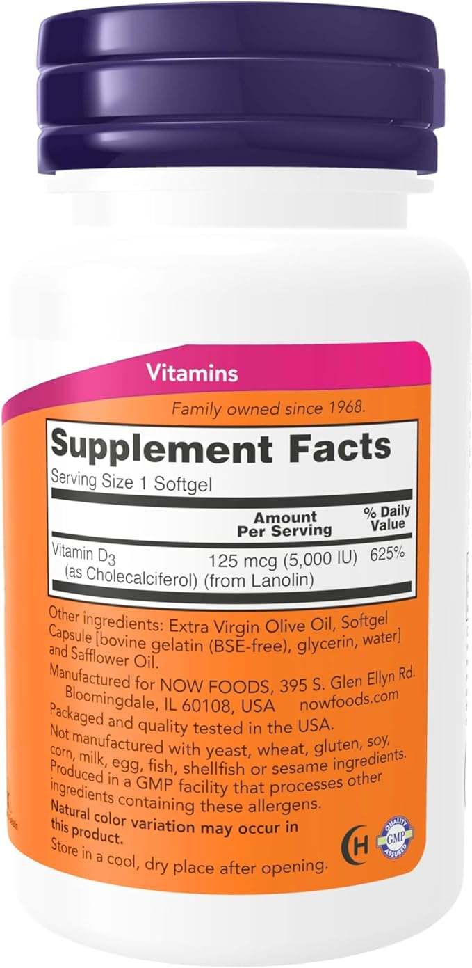 Vitamin D3 High Potency, 5000 IU, 240 Softgels - Now Foods