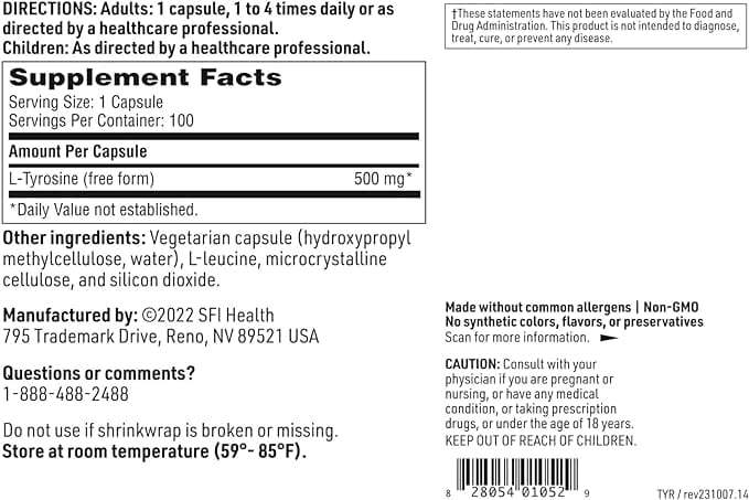 L-Tyrosine 500mg, 100 Capsules - Klaire Labs