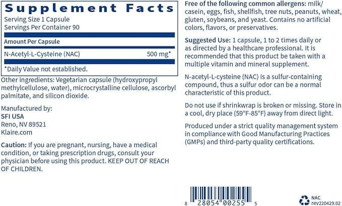 N-Acetyl-L-Cysteine (NAC), 90 Capsules - Klaire Labs (SFI Health)