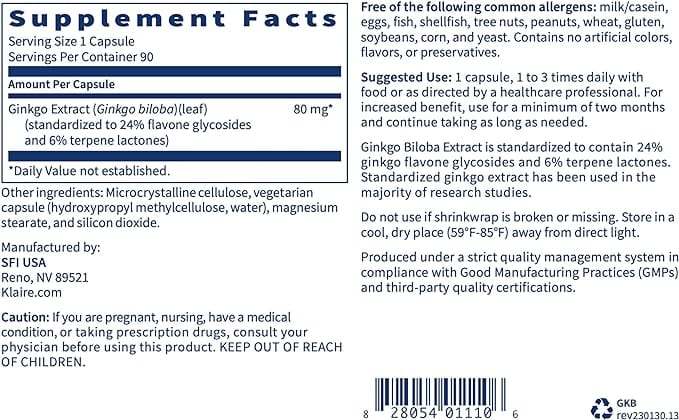 Ginkgo Biloba Extract 80mg, 90 Capsules - Klaire Labs (SFI Health)