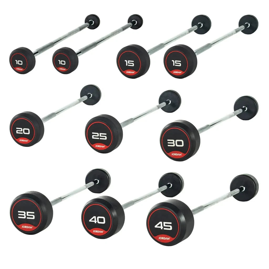 Jordan 10 - 45 kg Rubber Barbell (verhogingen van 5 kg / 10 balken) - rechte balk - Rood