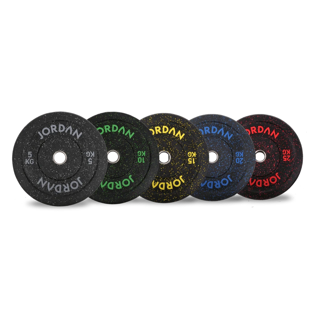 Jordan 150kg Hg Set di piastre per paraurti in gomma nera - Fleck colorato - 2x5kg, 2x10kg, 2x15kg, 2x20kg, 2x25kg