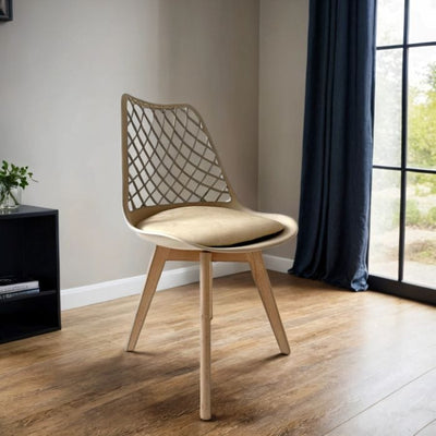 Taupe Brown Dining Chairs Set of 4 – Alma Faux Leather Seats with Wooden Legs & Hatch Back Design