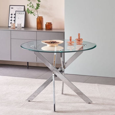 Round Glass Dining Table 100cm – Amara Tempered Glass with Chrome Silver Crossed Legs