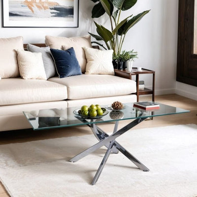 Glass Coffee Table with Silver Legs – Amara 120cm Rectangular Modern Table with Bevelled Glass Top