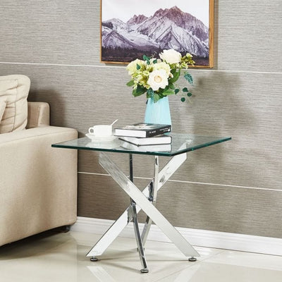 Glass Side Table with Silver Chrome Legs – Amara Square 55cm Modern End Table