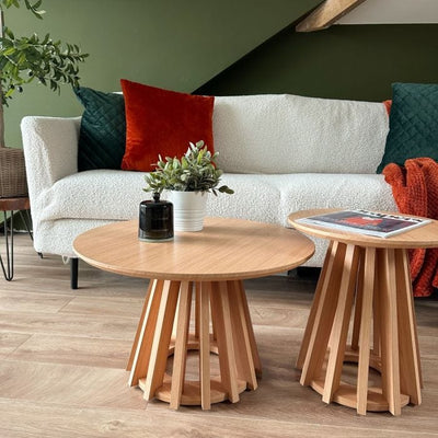 Wood Grain Coffee Table Set – Catalina Twin Oak Effect Nesting Tables with Solid Legs