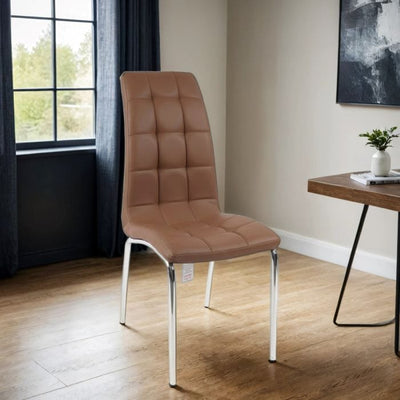 Cappuccino Faux Leather Dining Chairs Set of 6 – Eterno High Back with Chrome Silver Legs