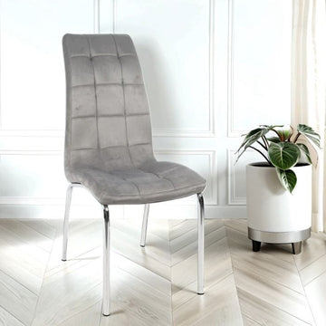 6x Eterno Velvet Luxueuze zachte donkergrijze eetkamerstoelen met zilveren benen