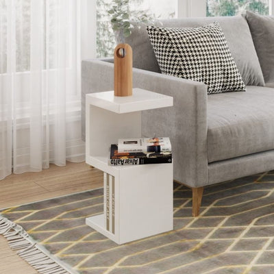 White High Gloss Side Table – Frias Modern S-Shape with 2 Shelf Design, 59cm Height