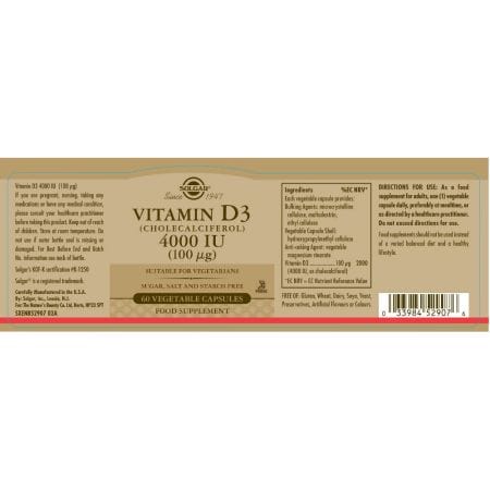 Solgar Vitamin D3 (Cholecalciferol) 4000 IU (100 ug) Vegetable Capsules