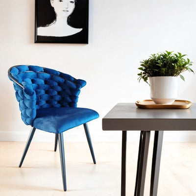 Blue Velvet Dining Chair – Valencia Luxury Woven Upholstery with Black Metal Legs
