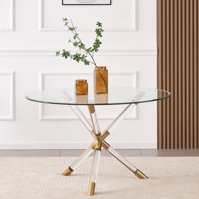 100cm Round Glass Dining Table – Gold & Acrylic Legs, Luxury Vidrio Design