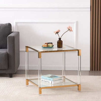 Glass Side Table with Gold Frame – Vidrio 50cm Square with Acrylic Legs & Shelf