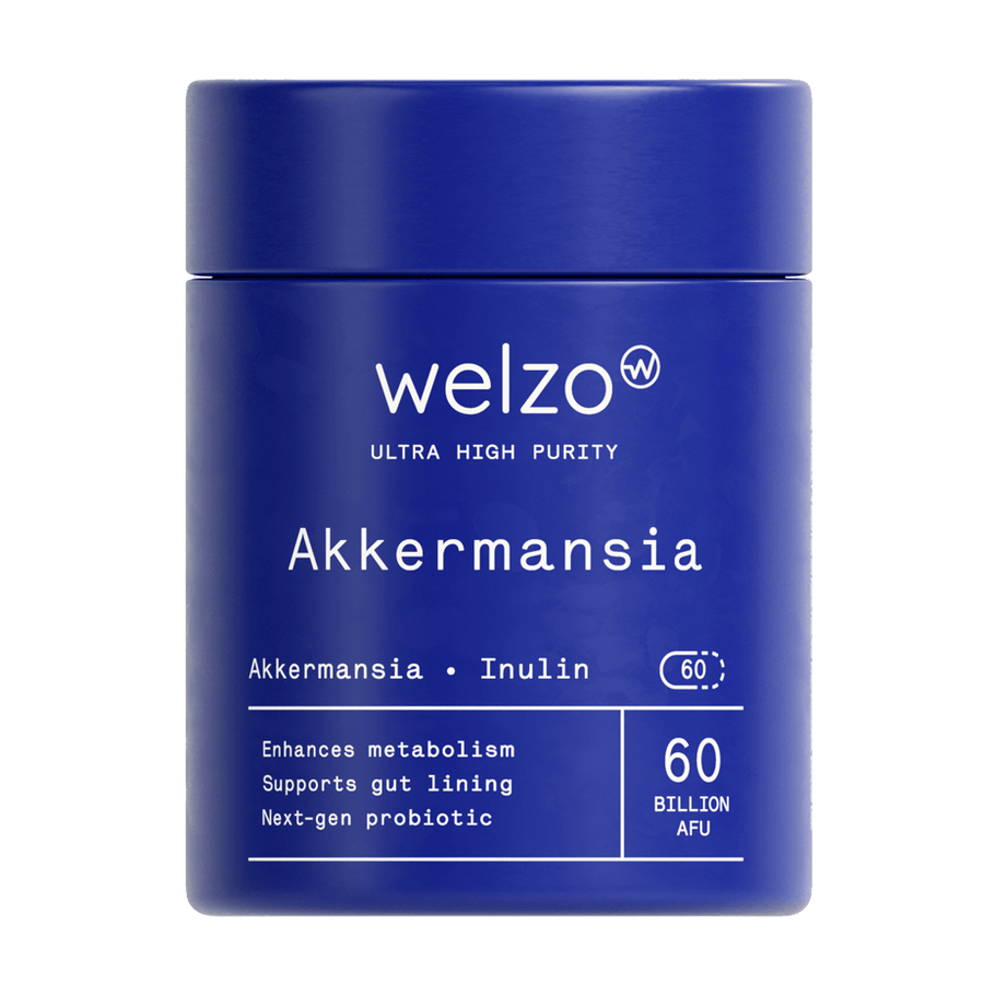 Welzo Akkermansia probiotic supplement for gut health and regularity, available at Welzo