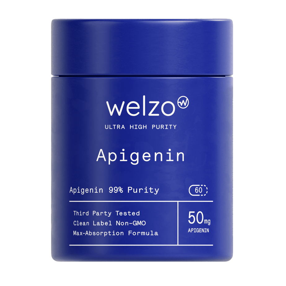 Welzo Ultra Purity Apigenin Sleep Optimiser supplement bottle for evening wind-down as part of a minimal stack