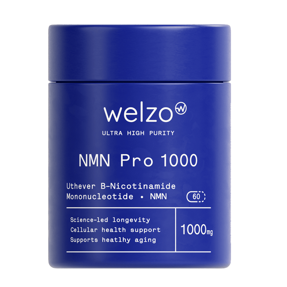 Welzo Ultra Purity NMN supplement bottle, illustrating compounds that are not part of any traditional Blue Zone diet