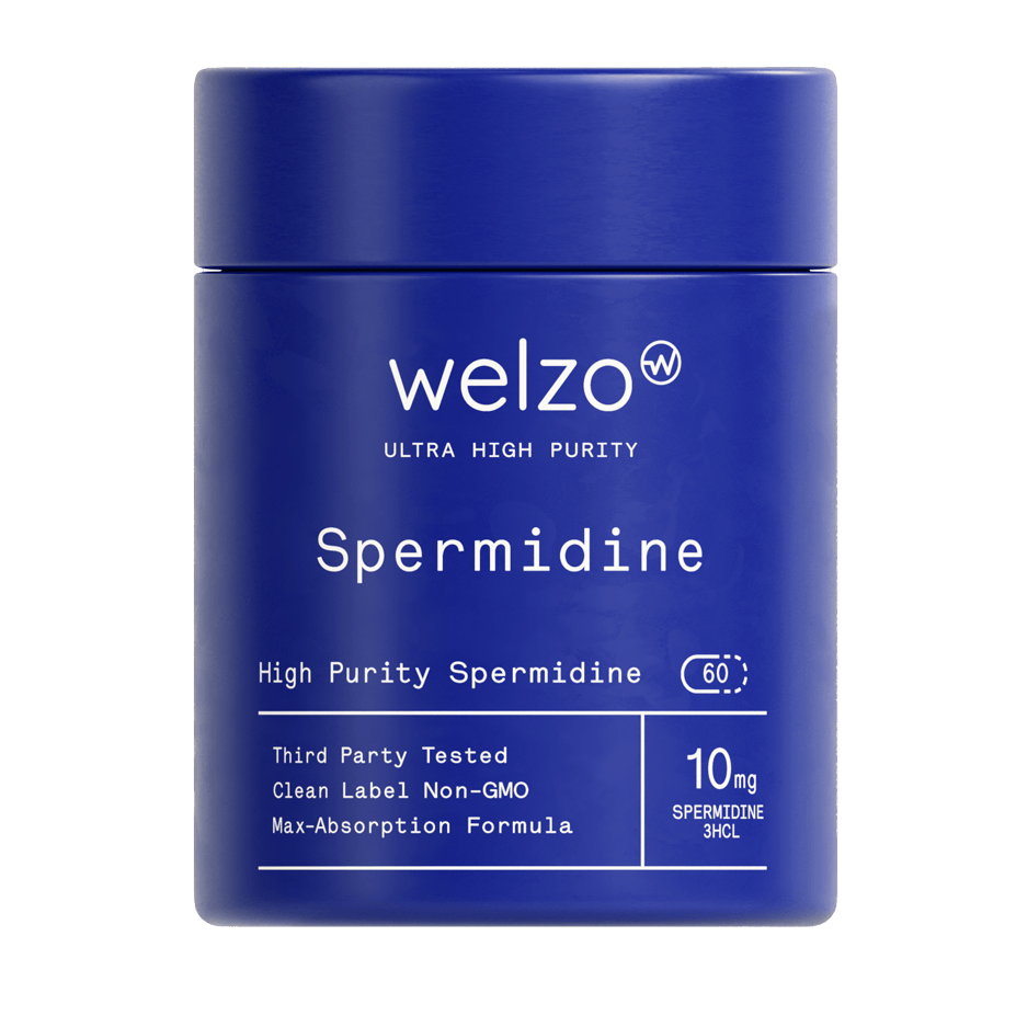 Welzo Ultra Purity Spermidine supplement bottle, a wheat germ derived compound suitable for plant-based diets