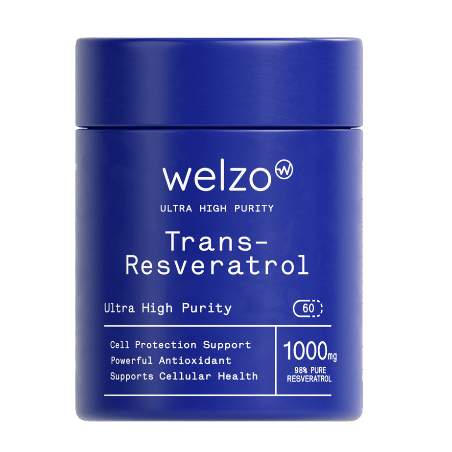 Welzo Ultra Purity Trans-Resveratrol bottle on dark blue background