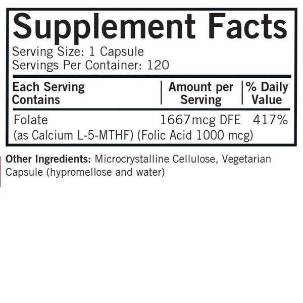 5 mthf (5 -metyylitetrahydrofolaatti) 1 mg - hypoallergeeninen - 120 CAPS - Kirkman Labs