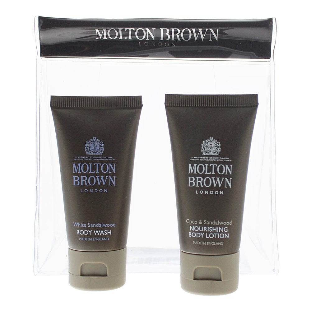 Molton Brown 2 Piece Gift Set: Coco Sandalwood Body Lotion 30ml - White Sandalwood Body Wash 30ml - Welzo