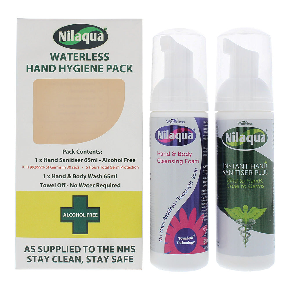 Nilaqua Waterless Hand Hygiene Pack 2 Piece Gift Set: Hand Sanitiser 65ml - Hand & Body Wash 65ml - Welzo