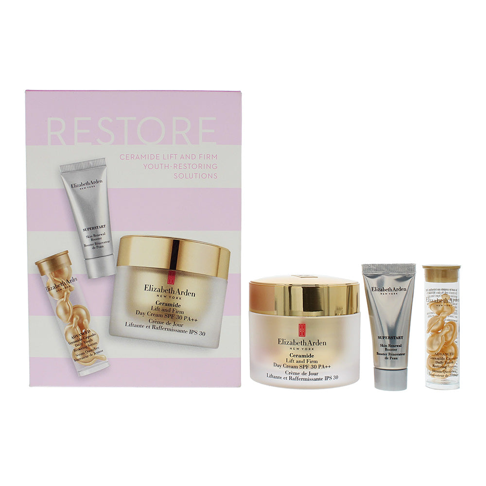 Elizabeth Arden Restore 3 Piece Gift Set: Ceramide SPF 30 PA++ Day Cream 50ml - Serum Capsules 7pcs - Superstart Booster 5ml - Welzo