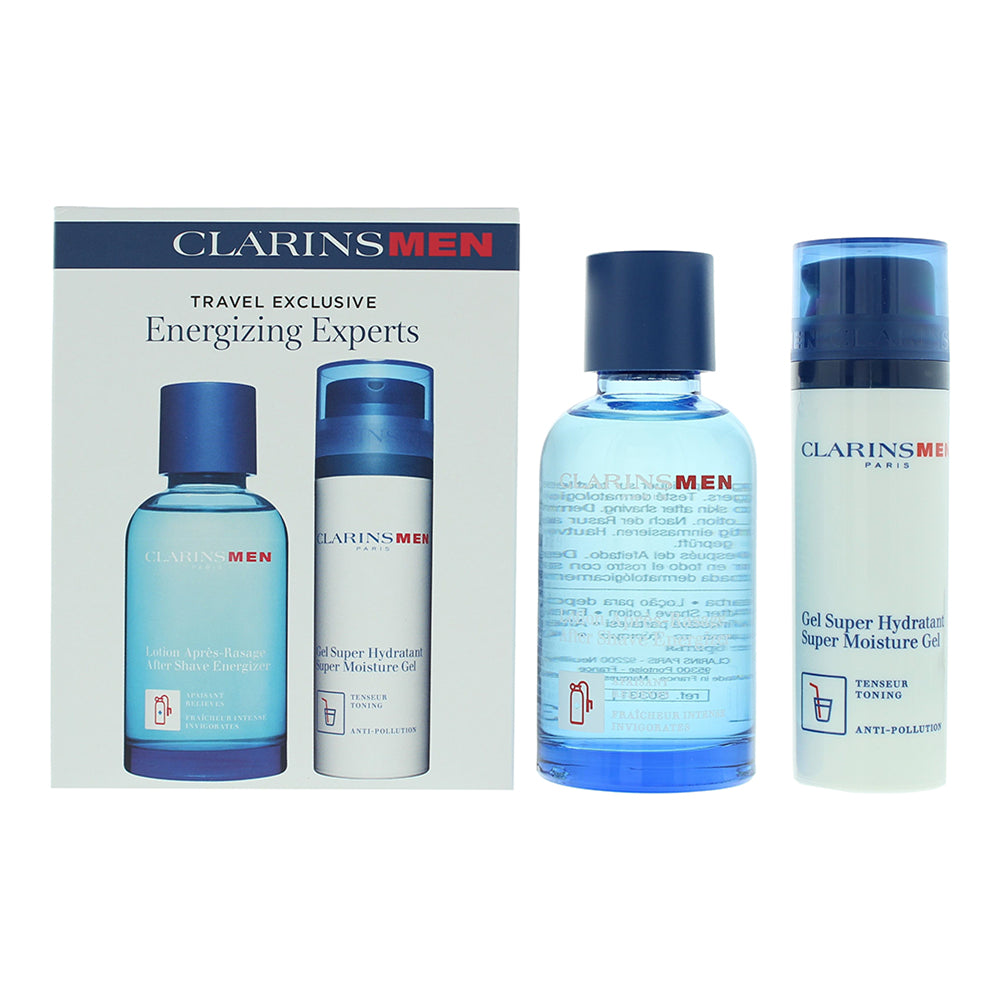 Clarins Men Energizing Experts 2 Piece Gift Set: Aftershave Energizer 100ml - Super Moisture Gel 50ml - Welzo