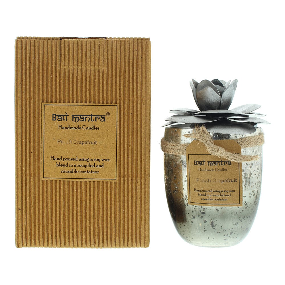 Bali Mantra Camellia Glass Silver Peach Grapefruit Candle 500g - Welzo